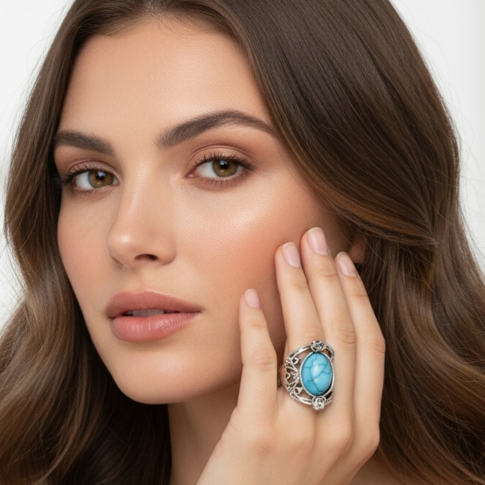 New Title:Turquoise Statement Ring Silver Tone Western Boho Filigree Size 8